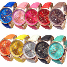 10pc Geneva Watch Women's Dress Clock Roman Numerals Faux Leather PU Leather Band Analog Watch Relogio Feminino CF