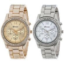 2 Pcs Geneva Watch Silver and Gold Plated Faux Chronograph Quartz Classic Round Rhinestone Crystals relogio Clock CF