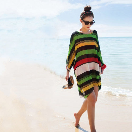 Best Selling Casual Women's Top Women Color Stripe Chiffon Oversized Loose Beach Smock Long Shirts CF