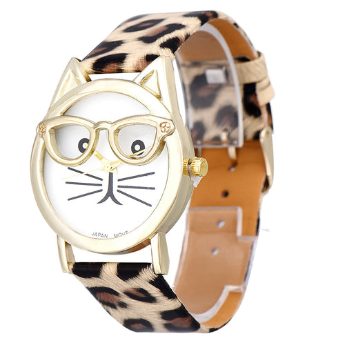 Montre Best Women Watch Cute Glasses Cat Pattern Women Analog Quartz Wrist Watch Casual Girl Bracelet Hour CF