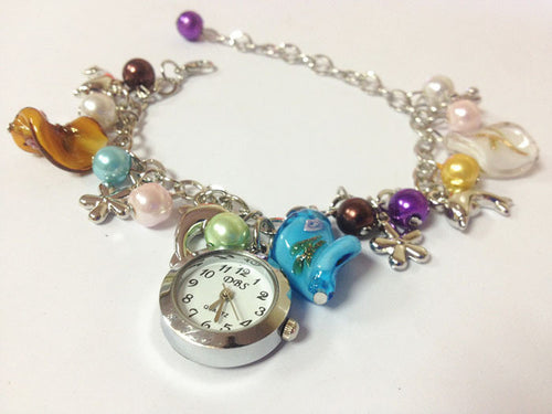 Geneva Watch Women dress Hour Vintage Flower Girl Colorful Faux Pearl Dolphin Pendant Bracelets Quartz Watch CF