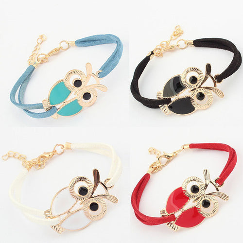 Korean Womens Bracelets Girls Vintage Owl Decoration Faux Leather Bracelets est Price CF