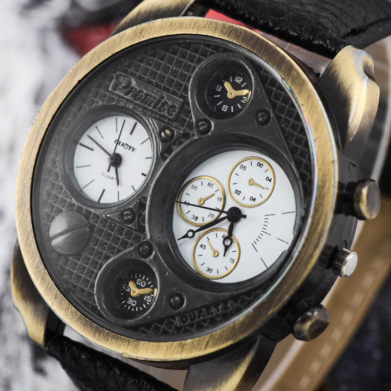 Dual Time Display Watch Leather Quartz Men Watches Military Army Sport Wrist Watch CF
