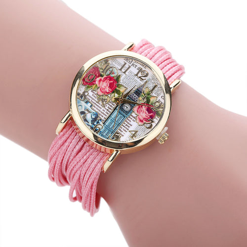 Ladies Leather Crystal Rhinestone Watches Women Beauty Print Quartz Wristwatch Hours Reloj Mujer Bracelet Watch CF