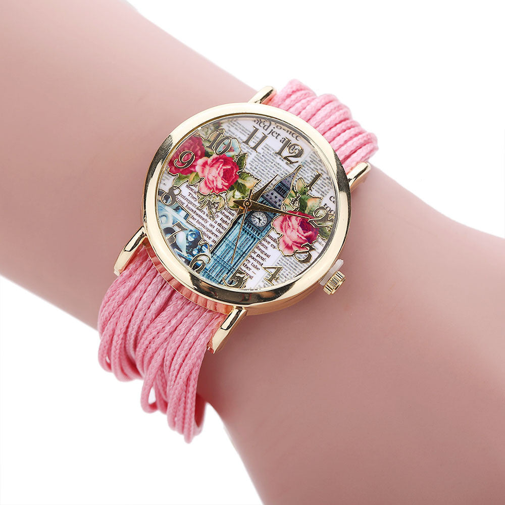 Ladies Leather Crystal Rhinestone Watches Women Beauty Print Quartz Wristwatch Hours Reloj Mujer Bracelet Watch CF