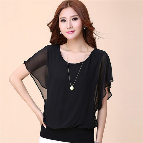 New Short-sleeved T Shirt Large Size Women's Summer O-neck Chiffon Batwing Sleeve T-shirt Female Casual Top 31076 SM6