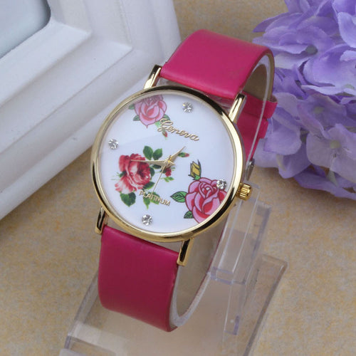 Arrival 5 color Women Dress Watch Leather Rhinestone Flower Print WristWatch Quartz Watches Mujer CF