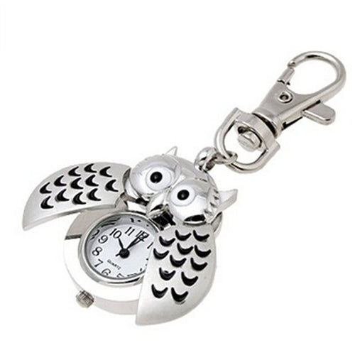 Arrival Metal Key Ring Owl Dresign double open Quartz Watch Pocket Clock Silver Vintage Retro Women Hour CF
