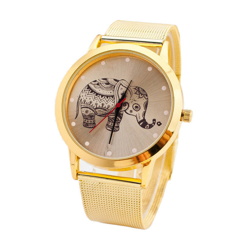 Best Selling Luxury Watch Women Classic Gold Elephant Print Quartz Clock Stainless Steel Mesh Wrist Watch Relogio CF