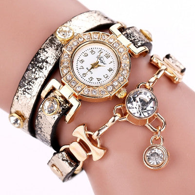 Ladies Watch Crystal Rhinestone PU Leather Watches Women Dress Quartz Clock Hours Reloj Mujer Gold Color CF