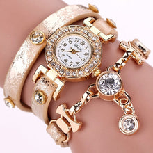 Ladies Watch Crystal Rhinestone PU Leather Watches Women Dress Quartz Clock Hours Reloj Mujer Gold Color CF