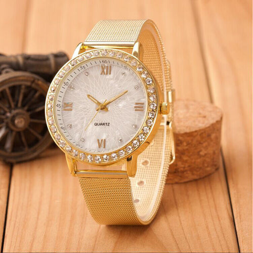 Casual Watch Quartz Watches Women Analog Steel Watches Relogio Feminino Crystal Roman Numerals Gold Mesh Clock Hour CF