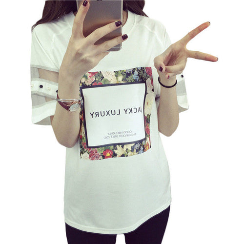 Fashion Mesh Women clothing T shirts Letter Printed Floral Print T-shirt Women LaceTop Short Sleeve Female tops 70608 SM6