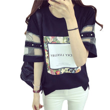 Fashion Mesh Women clothing T shirts Letter Printed Floral Print T-shirt Women LaceTop Short Sleeve Female tops 70608 SM6