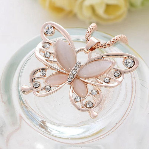Necklaces Womens Lady Rose Gold Opal Butterfly Pendant maxi Necklace Sweater Chain jewelry CF