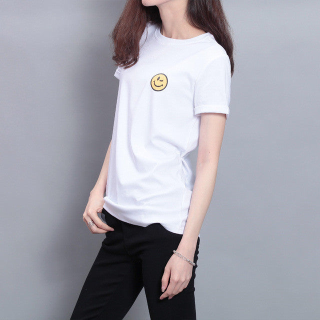 Fashion Short Sleeve T-shirts Plus Size Female t shirts Plus Size Top O-neck Women Smile Face Print T shirt 71673 SM6