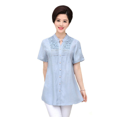 Fashion Women T shirts Long T-shirt Women Stand Button Top Short Sleeve Lace XL-4XL Female Plus Size tops 71012 SM6