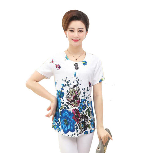 Fashion Women T shirts Print T-shirt Women O-neck Button Top Short Sleeve XL-4XL Female Plus Size tops 71008 SM6