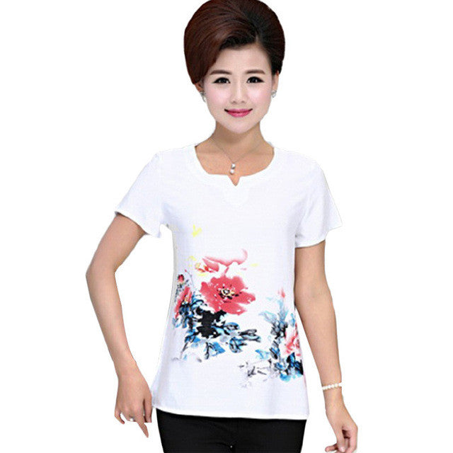 Fashion Women T shirts Print T-shirt Women V-neck Top Short Sleeve XL-4XL Female Plus Size tops 70921 SM6