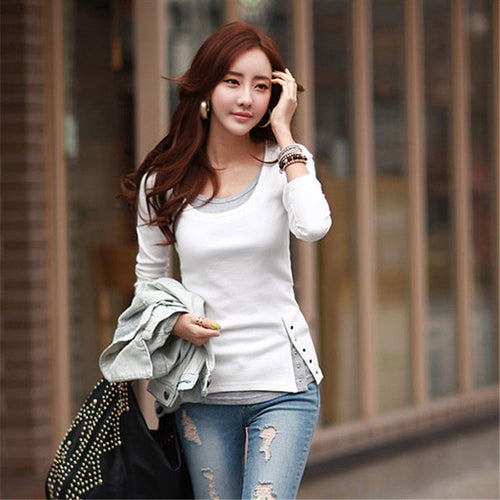 Fashion t shirt Women Tops and Tees Button Femme Full Sleeve False Two Casual Camisetas Mujer Plus Size 71637 SM6