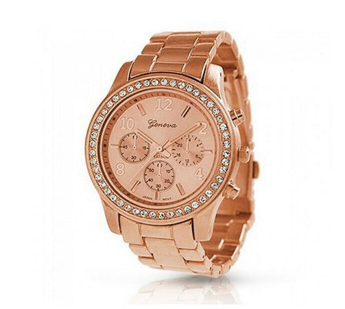 Gold Clock Essential Faux Chronograph Quartz Plated Classic Round Ladies Women Crystals Watch Promotion Price Best Deal CF