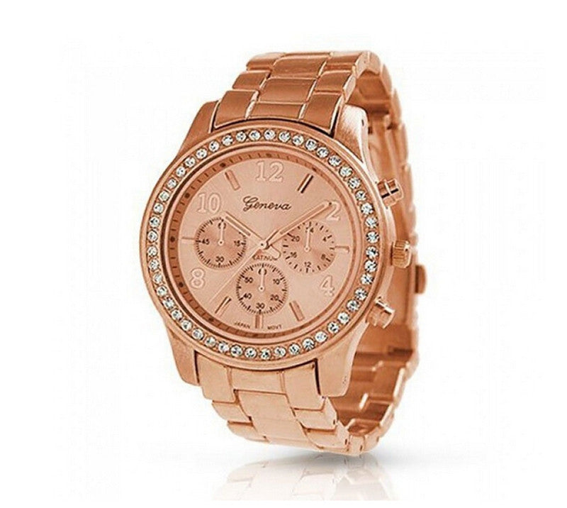 Gold Clock Essential Faux Chronograph Quartz Plated Classic Round Ladies Women Crystals Watch Promotion Price Best Deal CF