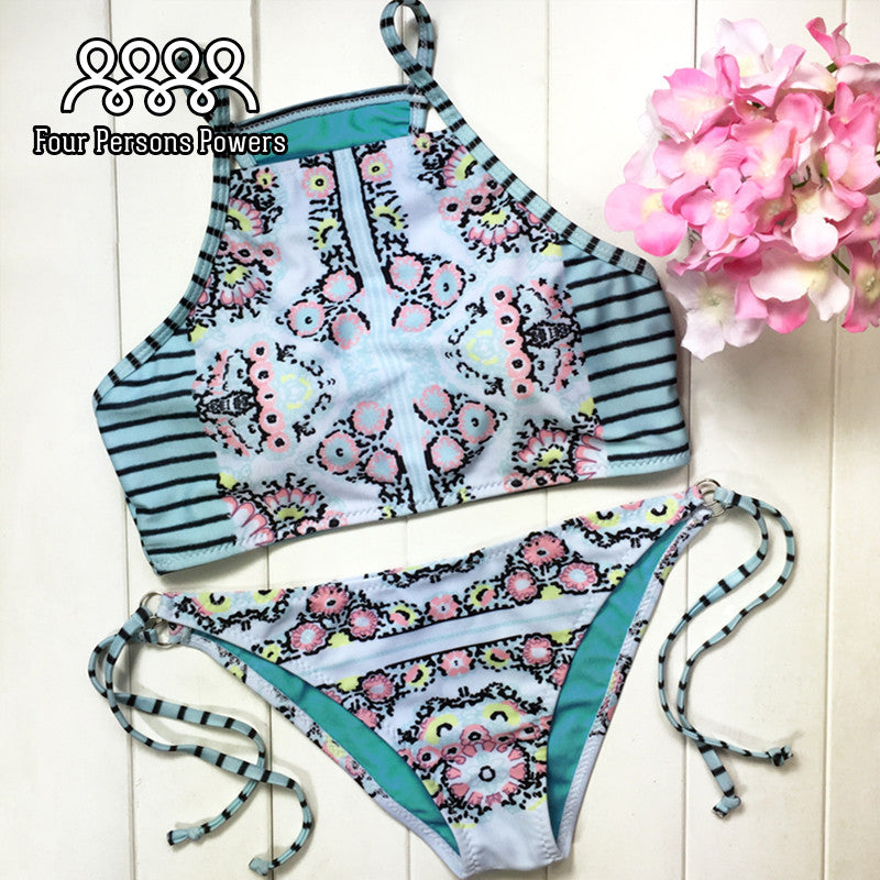 Hot BIKINI set Sexy High Neck Padded Bra Swimsuit top Slim Bottoms Print Swimwear For Women Push Up HD13 CF