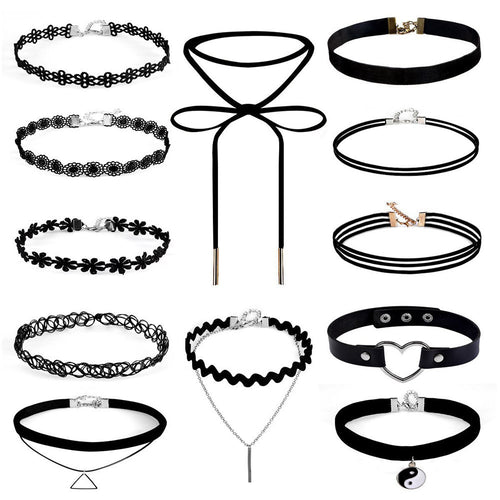 12 Pieces Women Chokers Necklace Set Stretch Velvet Classic Gothic Tattoo Black Lace Charm Jewelry Gift CF