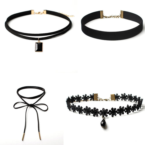 4 Pieces Choker Necklace Set Stretch Black Velvet Classic Gothic Tattoo Lace Chokers Charm Jewelry Gift CF