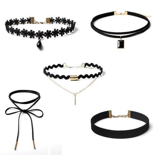 5 Pieces Choker Necklace Set Stretch Velvet Classic Gothic Tattoo Black Lace Necklaces Gift Jewelry CF
