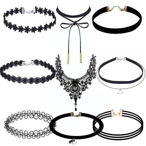 9 Pieces Chokers Women Necklace Set Stretch Velvet Classic Gothic Tattoo Black Lace Choker Jewelry CF