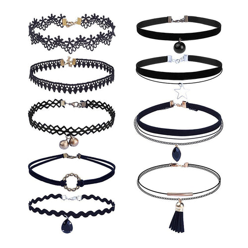 9 Pieces Chokers Women Necklace Set Stretch Velvet Classic Gothic Tattoo Black Lace Choker Jewelry Gift CF