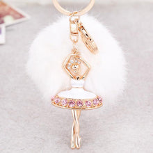 Fur Ball Keychain for Bag Rhinestone Ballet Girl Alloy Car Key Ring Hanging Plush Ball Ornaments Charm Gift CF
