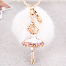 Fur Ball Keychain for Bag Rhinestone Ballet Girl Alloy Car Key Ring Hanging Plush Ball Ornaments Charm Gift CF