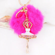 Fur Ball Keychain for Bag Rhinestone Ballet Girl Alloy Car Key Ring Hanging Plush Ball Ornaments Charm Gift CF