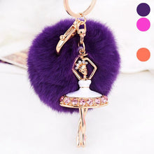 Fur Ball Keychain for Bag Rhinestone Ballet Girl Alloy Car Key Ring Hanging Plush Ball Ornaments Charm Gift CF