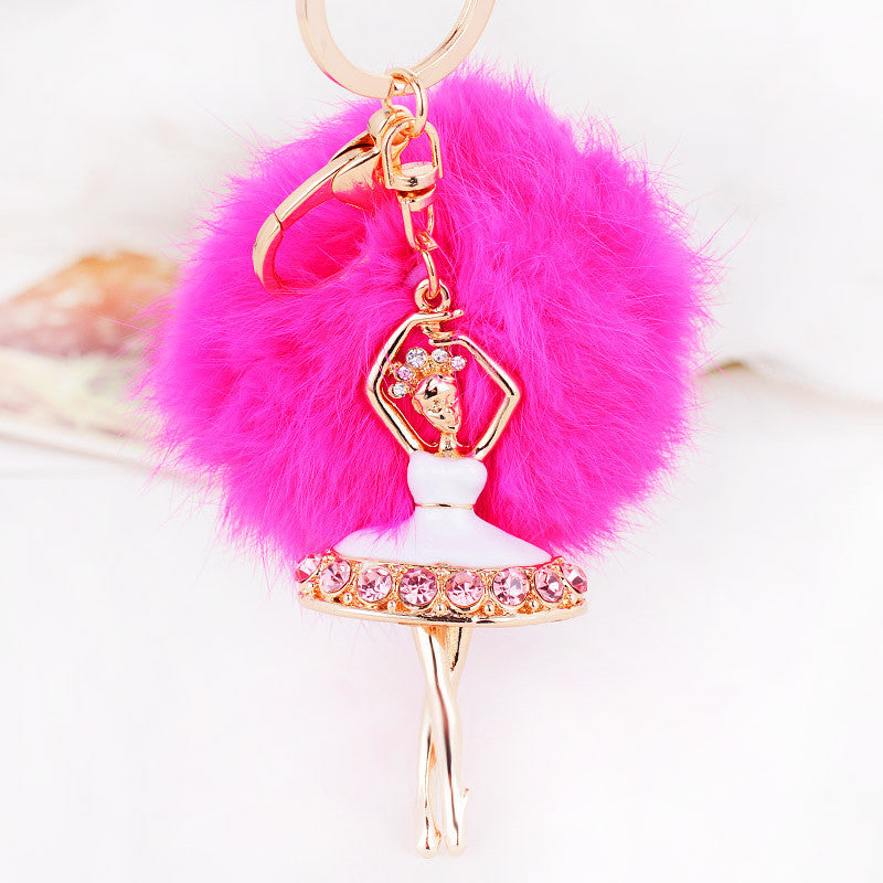 Fur Ball Keychain for Bag Rhinestone Ballet Girl Alloy Car Key Ring Hanging Plush Ball Ornaments Charm Gift CF
