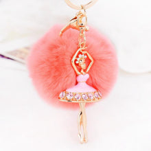 Fur Ball Keychain for Bag Rhinestone Ballet Girl Alloy Car Key Ring Hanging Plush Ball Ornaments Charm Gift CF