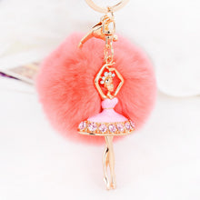 Fur Ball Keychain for Bag Rhinestone Ballet Girl Alloy Car Key Ring Hanging Plush Ball Ornaments Charm Gift CF