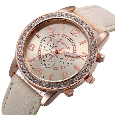 Geneva Women Watch Rhinestone Crystal Dress Clock Analog PU Leather Band Quartz Watch Relogio Feminino CF