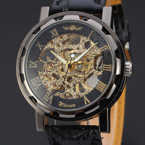 Men Watch Top Luxury Classic PU Leather Dial Skeleton Mechanical Military Army Relogio Masculino Watch CF