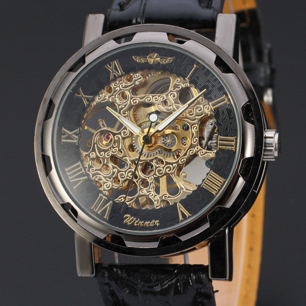 Men Watch Top Luxury Classic PU Leather Dial Skeleton Mechanical Military Army Relogio Masculino Watch CF