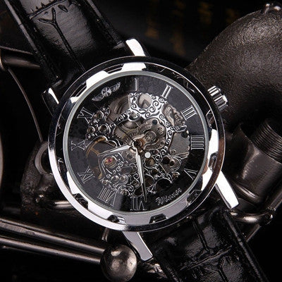 Men Watches Top Luxury Military army Classic Black Leather Skeleton Mechanical Watch Relogio Masculino CF