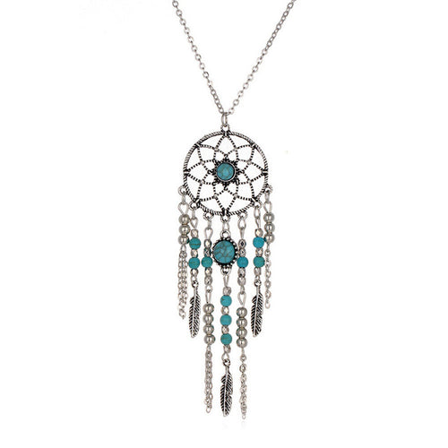 Necklace Women Retro Turquoise Feather Pendant Long Sweater Chain Necklaces Chocker Jewelry Charm Gift CF