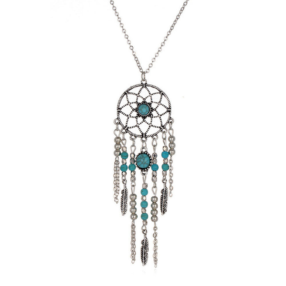 Necklace Women Retro Turquoise Feather Pendant Long Sweater Chain Necklaces Chocker Jewelry Charm Gift CF