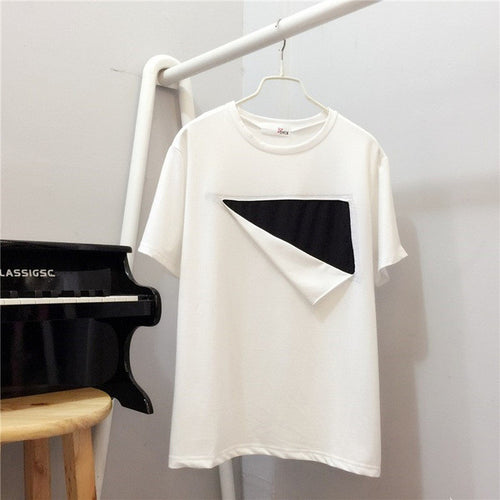 Korean Style Short Sleeve T-shirt Loose Women T Shirt Summer New O-neck Personality White/Black Hit Color Tops 71185 SM6