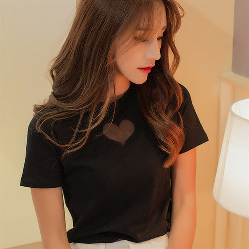 New Brand Women T shirts Heart Hollow out t-shirt Women Top Short Sleeve Female Plus Size 71990 SM6