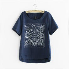 New Casual Women European Style O-neck T shirts Female Short Sleeve Cotton Linen Tshirt Plus Size Print Top 70735 SM6