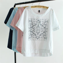 New Casual Women European Style O-neck T shirts Female Short Sleeve Cotton Linen Tshirt Plus Size Print Top 70735 SM6