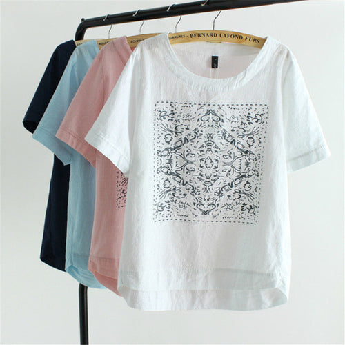 New Casual Women European Style O-neck T shirts Female Short Sleeve Cotton Linen Tshirt Plus Size Print Top 70735 SM6